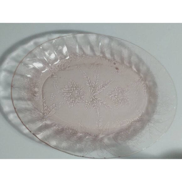 Vintage Jeannette Floral Poinsettia Pink Depression Glass Oval Platters set of 2 - Picture 2 of 11